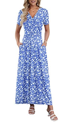 AUSELILY Long Casual Dress for Women Empire Waist Graduation Spring Short Sleeve Maxi Floral Dress S - Image 1