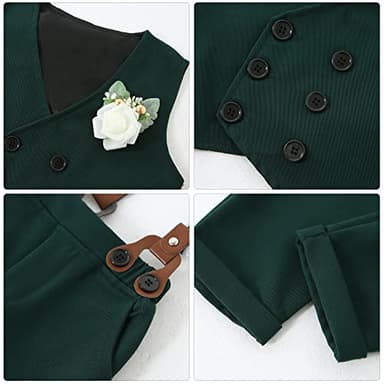 YALLET Toddler Baby Boy Clothes Suit Gentleman Wedding Outfits, Formal Dress Shirt+Bowtie+Vest+Boutonniere+Suspender Pants(V Green, 4-5T) - Image 3