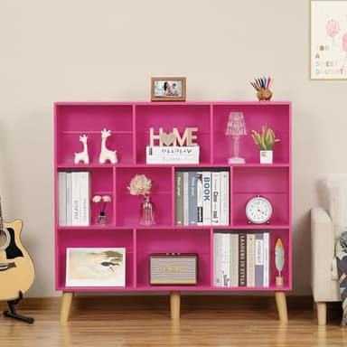 LEYAOYAO 10 Cube Bookshelf,3 Tier Modern Wide Bookcase with Legs,Mid-Century Wood Bookshelves Storage，Pink Large Book Case,Freestanding Organizer Display Shelf for Bedroom,Living Room,Office - Image 4