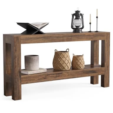 LITTLE TREE 63-Inch Narrow Long Console Table for Living Room, Farmhouse Wood Entryway Table for Hallway, Sofa, Entry, Entrance, Foyer, Behind Couch with 2-Tier Shelves, Brown - Image 1