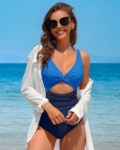 Charmo Womens One Piece Swimsuit Ruched Tummy Control High Cut Backless V Neck Bathing Suits Swimwear Navy Color Block Medium - Image 8