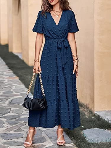 MASCOMODA Dresses for Women 2025 Short Flutter Sleeve Tiered Maxi Swiss Dot Solid V Neck Wedding Guest Dress with Belt(Navy,X-Large) - Image 7