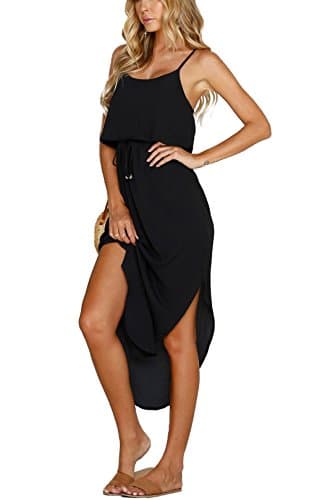 NERLEROLIAN Women's Adjustable Strappy Split Summer Beach Casual Midi Dress Black - Image 3