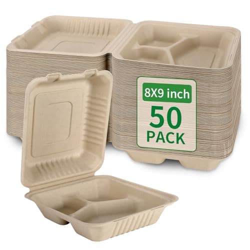 Aricsen 50 Pack 3 Compartment Compostable 8x9 Inch Takeout Lunch Box Containers with Lid To Go Take Out Clamshell for Food, Disposable Eco-Friendly Biodegradable Bagasse, PFAS-Free, Brown - Image 1