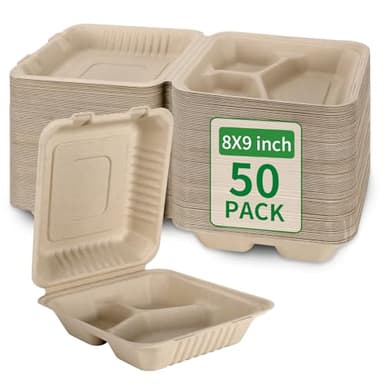 Aricsen 50 Pack 3 Compartment Compostable 8x9 Inch Takeout Lunch Box Containers with Lid To Go Take Out Clamshell for Food, Disposable Eco-Friendly Biodegradable Bagasse, PFAS-Free, Brown - Image 1