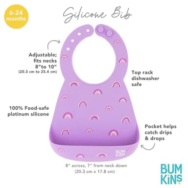 Bumkins Bibs, Silicone Pocket for Babies, Baby Bib for Girl or Boy, for 6-24 Months Up to Toddler, Essential Must Have for Eating, Feeding, Baby Led Weaning Supplies, Mess Saving, Rainbows Purple - Image 5