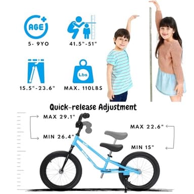 bicystar 16 Inch Kids Balance Bike for 5-8 Year Old, BMX Kids Bike with No Pedals, Air Rubber Tires, Footrests, Adjustable Height for Big Kids, Boys, Girls (Black) - Image 2