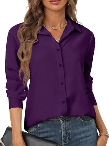 hearain Womens Button Down Shirts Long Sleeve Chiffon Blouse Basic Classic Collared Soft Shirt Dark Purple Size XL - Image 1