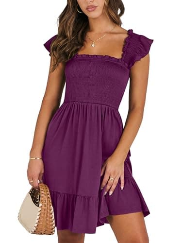 ANRABESS Women's Summer Casual Sleeveless Square Neck Dress 2025 Smocked Ruffle Backless Boho Beach Cute Teen Short Sundress Purple Red Large - Image 1
