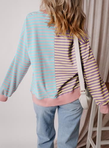 ZOOMOON Womens Oversized Striped Sweatshirt Ladies Tops Crewneck Tops Long Sleeve Shirts Loose Pullover Sweatshirts Purple X-Large - Image 2