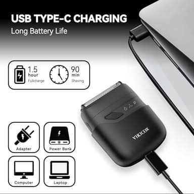 VIKICON® Electric Foil Shavers for Men, Compact Travel Face Shaver, Mini Razor for Shaving Face, Portable On-The-Go Shaver w/Dual Floating Blades, Close Shave Stubble Trimmer USB-C, Gifts for Dad Him - Image 5