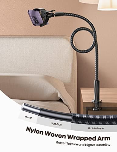 Lamicall Gooseneck Phone Holder Bed - [Nylon Braided] Flexible Arm, 38inch Overall Length, 360 Adjustable Clamp Clip, Overhead Cell Phone Mount Stand for Bed, Desk, 4-7” Cellphone - Image 3