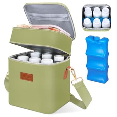 PIIOSER Breastmilk Cooler Bag with Ice Pack Fits 6 Baby Bottles Up to 9 Ounce, Insulated Baby Bottle Tote Bags, Double Layer Waterproof Leak-Proof with Shoulder Strap for Nursing & Working Mom (Green) - Image 1
