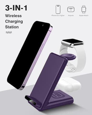 Wireless Charging Station,3 in 1 Charging Stand Made for Apple Watch Ultra 11 10 9 8 7 6 SE 5 4 3,Fast Wireless Charger Made for iPhone 17/Air/16/15/14/13/12,for AirPods Pro 3(with Adapter) (Purple) - Image 2