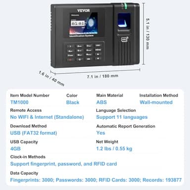 VEVOR Time Clock, Employee Attendance Machine with Fingerprint, RFID and PIN Punching in One, Standalone Biometric Clock in Machine for Employees Small Business with 5 RFID Cards & No Monthly Fees - Image 7