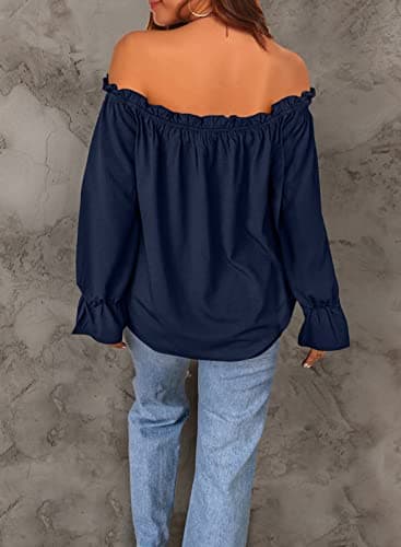 Spriolim Women's Off Shoulder Elegant Tops Casual Long Sleeve Chiffon Loose Shirt Blouses Navy Blue, X-Large - Image 4