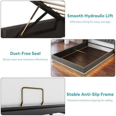 Queen Bed Frame with Storage - Lift Up Queen Size Bed Frame with Headboard, Upholstered Platform Bed with LED Lights & Charging Station, Hydraulic No Box Spring Needed Wood Slats Support, Grey - Image 7