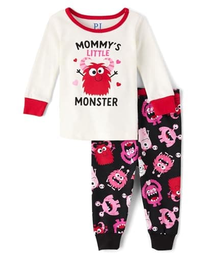 The Children's Place,Baby Girls,and Toddler Long Sleeve Top and Pants Snug Fit 100% Cotton 2 Piece Pajama Set,Vday Monster,3 Months,6 Months - Image 1