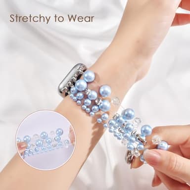 V-MORO Compatible with Apple Watch Band Series 10(42mm)/9/8/7 41mm/40mm Women Fancy Beaded Elastic Bracelet Bling Strap for iwatch SE Series 6/5/4/3/2/1 Blue,for 5.5"-6.2" Wrist - Image 3