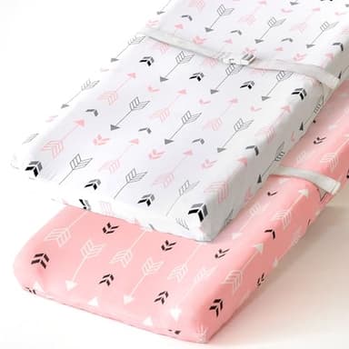 Stretchy Changing Pad Covers BROLEX 2 Pack Jersey Knit Change Pad Covers for Girls Boys,Pink & White Arrow - Image 1
