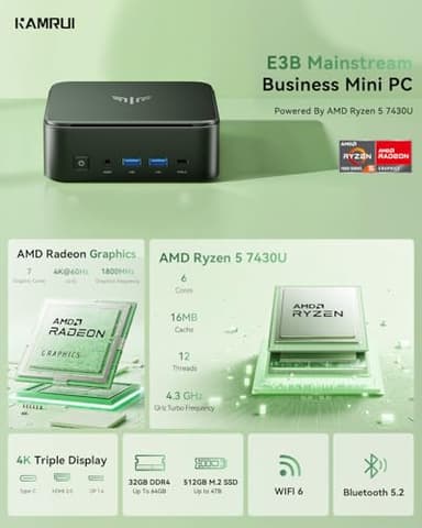 KAMRUI Mini PC, E3B 32GB RAM 512GB SSD Mini Gaming Computers AMD Ryzen 5 7430U Micro Desktop Computer (Max 4.3GHz,6C/12T, Beat 5650U), Small PC Support WiFi 6, BT5.2, Triple Display for Office Home - Image 2
