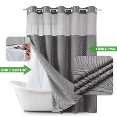 eachope no Hook Shower Curtain and Liner Set，Boho Style with See Through Top Window, Black Fabric Tufted Striped Textured Outer Curtain & Waterproof Inner Liner, Grey/Gray, 71Wx80H - Image 2