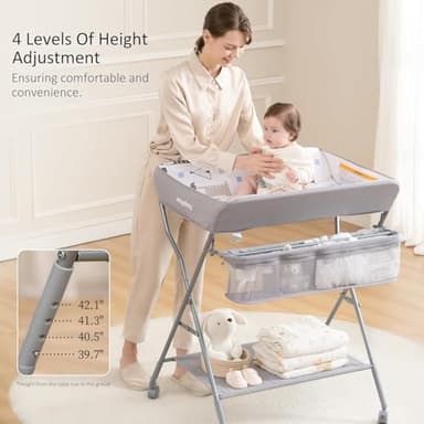 Baby Changing Table with Wheels, Maydolly Portable Adjustable Height Folding Diaper Station with Nursery Organizer & Storage Rack for Newborn Baby and Infant (Light Grey) - Image 2