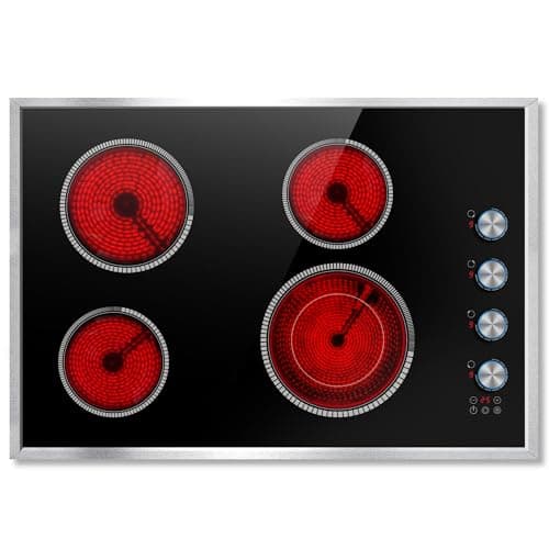 30 Inch Electric Cooktop, 4 Burner Electric Stove Top with Knob Control, 6700W Stove Top Burner with Overheat Protection, Child Lock, Timer, Durable Metal Frame, Bulit-in Glass Top 220-240V Hardwired - Image 1