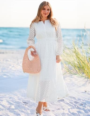 ZESICA Women's 2025 Fall Long Sleeve Maxi Dress V Neck Hollow Out Eyelet A Line Long Flowy Casual Party Dresses White Medium - Image 7