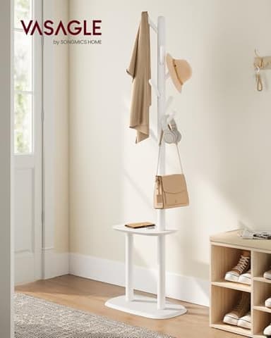 VASAGLE Coat Rack, Free Standing Coat Stand, Hall Coat Tree with 8 Hooks and Storage Shelf, 67.2 Inch Tall, for Coats, Hats, Bags, for Entryway, Hallway, Bedroom, Cloud White URCR040W01 - Image 2