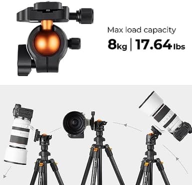 K&F CONCEPT 64 inch/163 cm Camera Tripod,Lightweight Travel Outdoor DSLR Tripods with 360 Degree Ball Head Load Capacity 17.6 lbs/8 kg,Cellphone Clip for Smartphone Live Streaming Vlog O234A1+BH-36 - Image 4