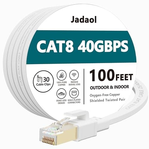Cat8 Ethernet Cable 100 ft (30.48m), Outdoor&Indoor, Flat 40Gbps 2000MHz S/FTP Cable, Heavy Duty Internet Cord, UV Resistant Weatherproof Shielded RJ45 for Router, Modem, Switch, Gaming, PC, TV, White - Image 1