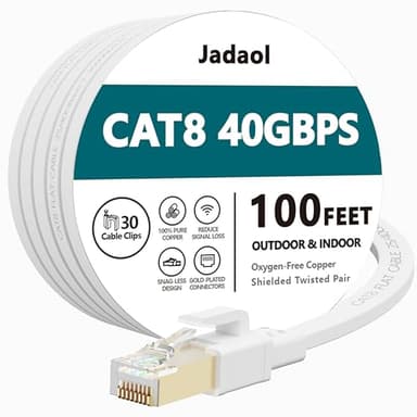 Cat8 Ethernet Cable 100 ft (30.48m), Outdoor&Indoor, Flat 40Gbps 2000MHz S/FTP Cable, Heavy Duty Internet Cord, UV Resistant Weatherproof Shielded RJ45 for Router, Modem, Switch, Gaming, PC, TV, White - Image 1