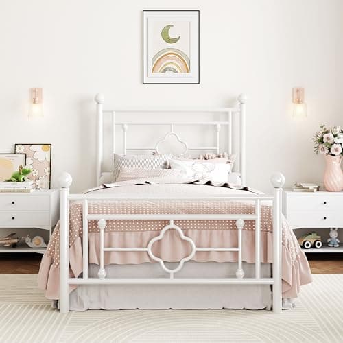 SHA CERLIN 14 Inches Twin Size Metal Platform Bed Frame/Vintage Iron-Art Headboard and Footboard/Mattress Foundation for Storage/No Box Spring Needed/Noise-Free/Easy Assembly/White - Image 1