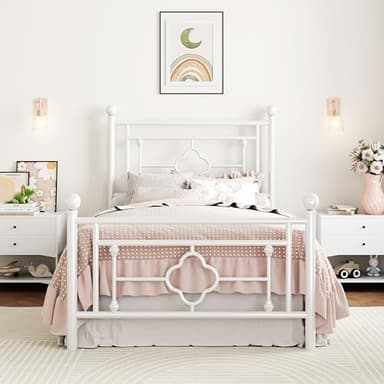SHA CERLIN 14 Inches Twin Size Metal Platform Bed Frame/Vintage Iron-Art Headboard and Footboard/Mattress Foundation for Storage/No Box Spring Needed/Noise-Free/Easy Assembly/White - Image 1
