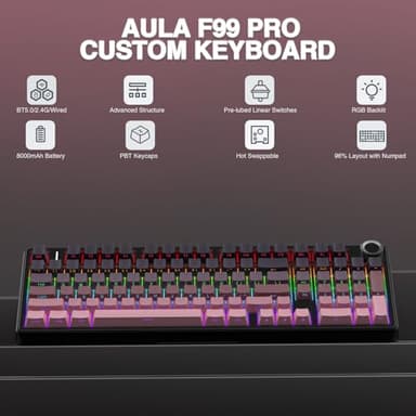 AULA F99 Pro Wireless Mechanical Keyboard with Knob,Tri-Mode BT5.0/USB-C/2.4GHz Hot Swappable Keyboard,Pre-lubed Switches,RGB Backlit Computer Gaming Keyboards - Image 2
