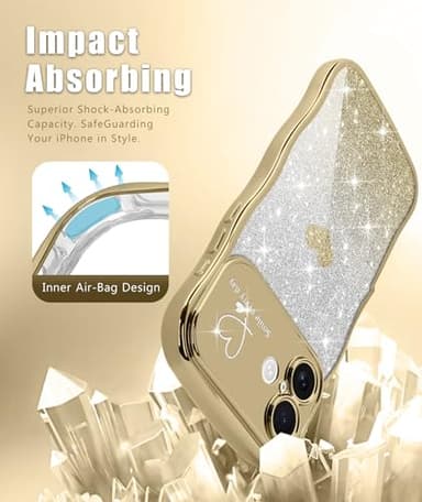 Teageo for iPhone 16 Plus Case for Women Girls Cute Curly Wavy Love Heart Glitter Bling Camera Protection Sparkly Luxury Elegant Shockproof Cover Clear Wave Phone Case for iPhone 16 Plus 6.7", Gold - Image 5