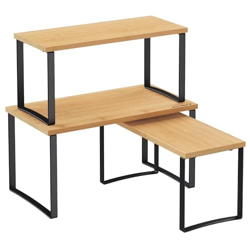 SONGMICS Cabinet Organizer Shelf, Set of 3 Kitchen Counter Shelves, Kitchen Storage, Spice Rack, Stackable, Expandable, Ink Black and Natural Beige UKCS014B01 - Image 1
