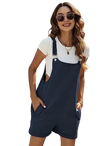 Yeokou Women's Cotton Linen Short Overalls Casual Summer Bib Shortalls with Pockets(Navy-M) - Image 1