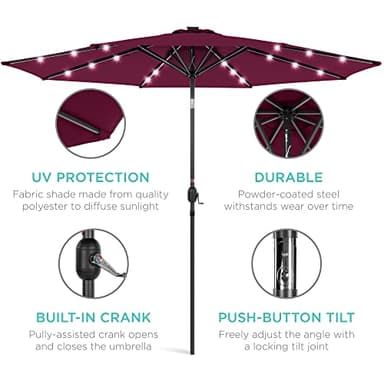 Best Choice Products 10ft Solar Polyester LED Lighted Patio Umbrella w/Tilt Adjustment and UV-Resistant Fabric - Burgundy - Image 5