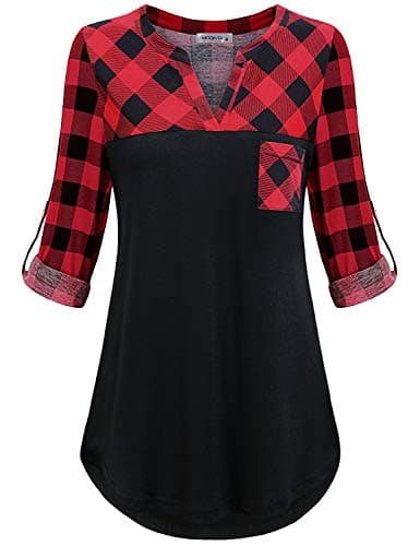 MOQIVGI Misses Tops 3/4 Sleeve,Buffalo Plaid Shirts Womens V Neck Stylish Dressy Office Casual Career Blouses Soft Lightweight Splicing Colorblock Shirttail Tunics Red Black Medium - Image 1