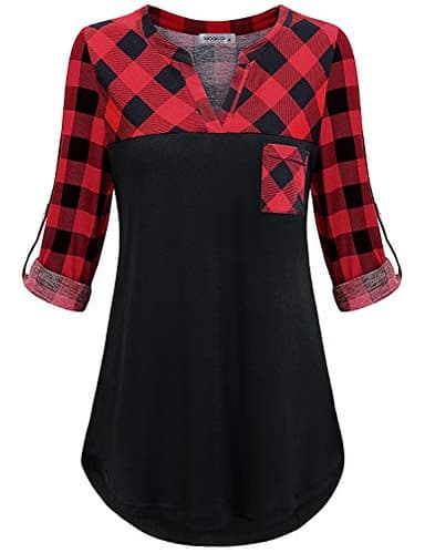 MOQIVGI Misses Tops 3/4 Sleeve,Buffalo Plaid Shirts Womens V Neck Stylish Dressy Office Casual Career Blouses Soft Lightweight Splicing Colorblock Shirttail Tunics Red Black Medium - Image 1