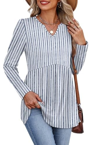 Womens Long Sleeve Tops Dressy Casual V Neck Babydoll Shirts Basic Tunic Tops for Leggings Blue Striped S - Image 4