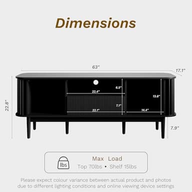 MAISONARIA 63" Black TV Stand, Fluted Entertainment Center for TVs up to 70'', Modern TV Stand with Storage, Entertainment Center with Sliding Doors, Wood Media Console for Bedroom, Living Room - Image 3