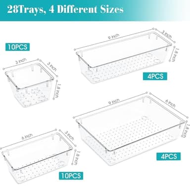 StorMiracle 28 PCS Clear Plastic Drawer Organizers Set, 4 Size Desk Drawer Organizer Trays for Makeup, Jewelry, Kitchen Utensils, Gadgets and Office Accessories - Image 2