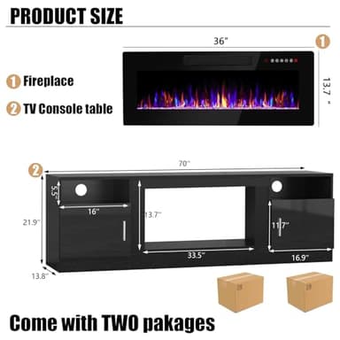 VITESSE Fireplace with TV Stand 36" inch Electric Fireplace Up to 80" TVs, LED Light Entertainment Center, 70" Modern Wood High Gloss with Highlight Storage Cabinet for Living Room (Black) - Image 2