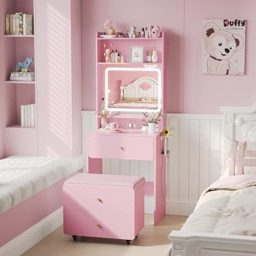Vabches Small Vanity Desk Set with 3 Adjustable Lighted Mirror and Storage Chair, Vanity Set with Charger Station, Small Spaces Vanity Table for Bedroom，Pink - Image 1