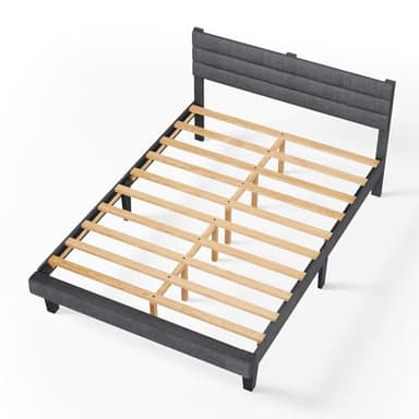 VINGLI Platform Bed Frame Queen Size with Linen Fabric Headboard,Modern Panel Low Profile Bed with Upholstered & Sturdy Slats Support for Bedroom, Mattress Foundation, Dark Gray - Image 9