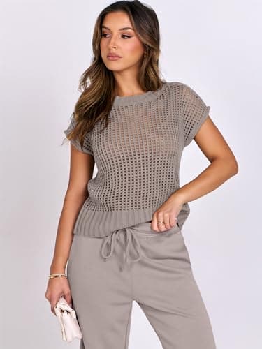 ANRABESS Women Two Piece Outfits Crochet Sheer Knit Sweater Top Wide Leg Pants Lounge Matching Sets Sweatsuit Travel Clothes light khaki Medium - Image 7