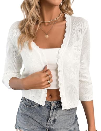 Kate Kasin Cropped Cardigans for Women Lightweight 3/4 Sleeve Button Down Crochet Knit Textured Shrug Sweaters Top White Large - Image 1